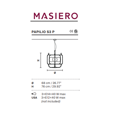 MASIERO Lampa wisząca Papilio S3 P kolor: Nero Goffrato
