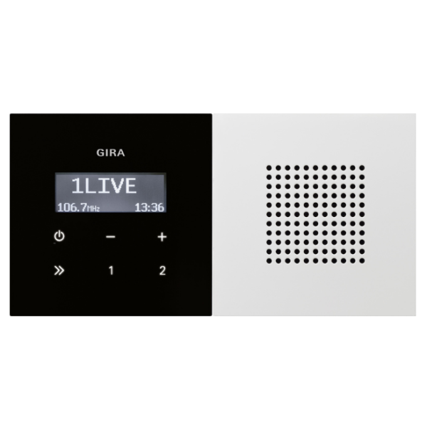 Gira F100 Podtynkowe radio z RDS z jednym głośnikiem Moduł nakładany do obsługi o wygl. czarnego szkła