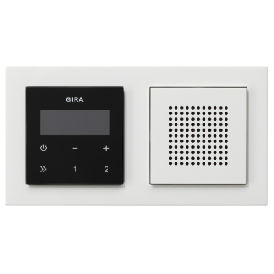 Gira System 55 Podtynkowe radio z RDS z jednym głośnikiem Moduł nakładany do obsługi o wyglądzie czarnego szkła, kompletny z ram