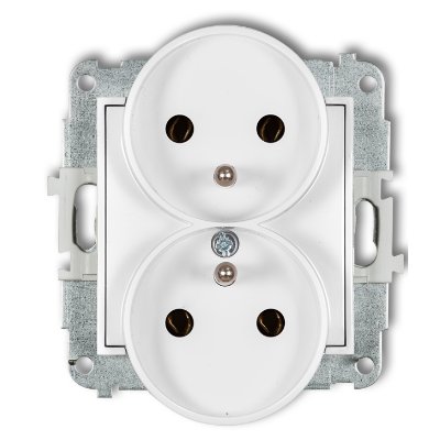 Karlik Mini Mechanizm gniazda podwójnego do ramki z uziemieniem 2X(2P+Z) (bez przesłon torów prądowych), biały