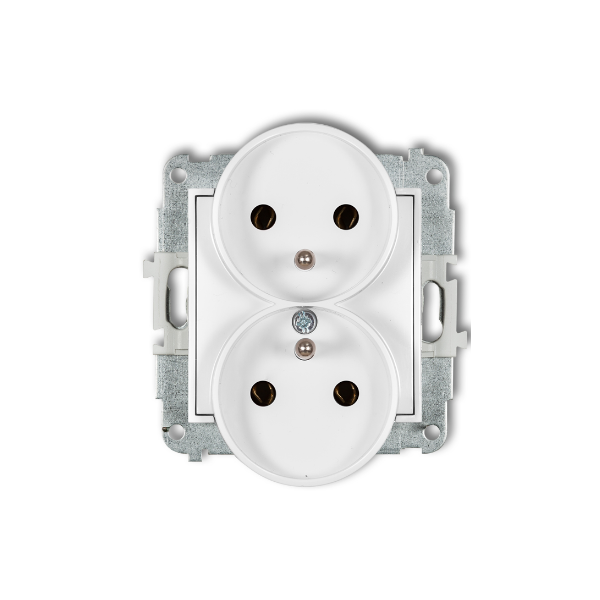 Karlik Mini Mechanizm gniazda podwójnego do ramki z uziemieniem 2X(2P+Z) (bez przesłon torów prądowych), biały