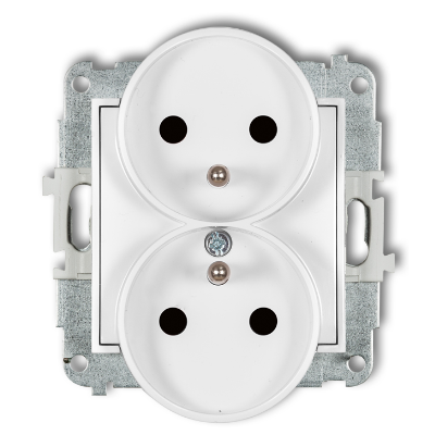 Karlik Mini Mechanizm gniazda podwójnego do ramki z uziemieniem 2X(2P+Z) (przesłony torów prądowych), biały
