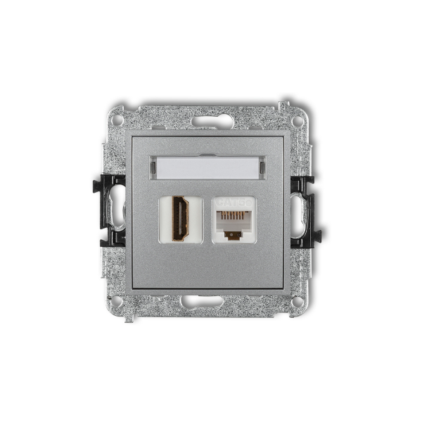 Karlik Mini Mechanizm gniazda pojedynczego HDMI 1.4 +gniazda komp. poj. 1XRJ45, KAT. 5E, 8-stykowy, srebrny metalik