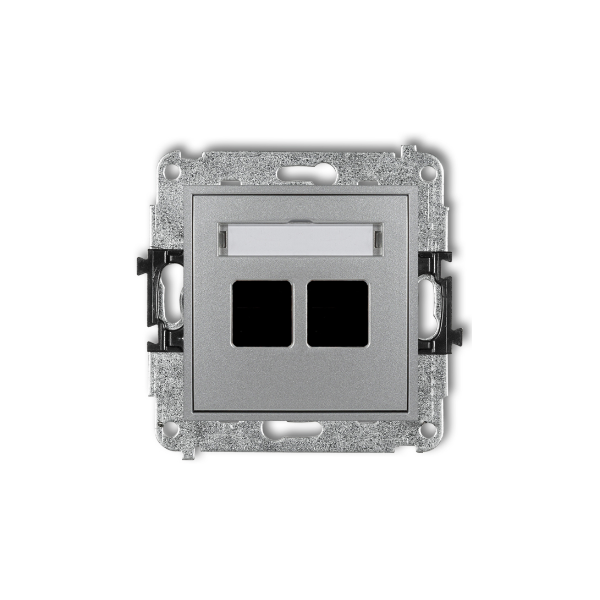 Karlik Mini Mechanizm gniazda multimedialnego podwójnego bez modułu (standard KEYSTONE), srebrny metalik