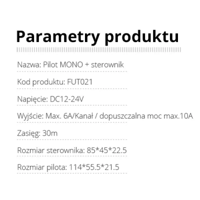 Zestaw Pilot + Sterownik MONO 12V-24VDC 10A FUT021