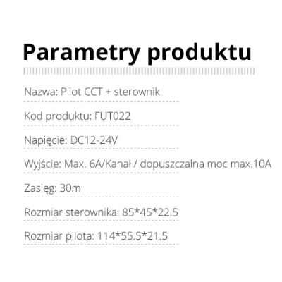 Zestaw Pilot + Sterownik CCT 12V-24VDC 10A FUT022