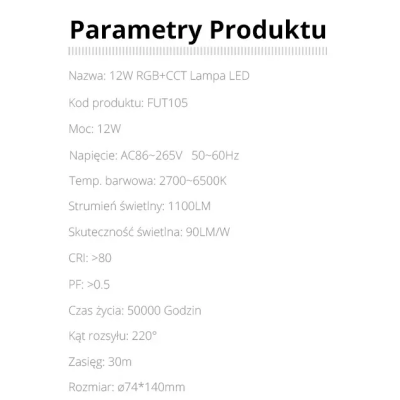 Lampa LED E27 12W RGB+CCT 230V FUT105