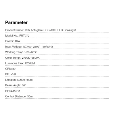 Oprawa LED Downlight 18W antyrefleksyjna RGB+CCT FUT072