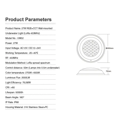 Lampa podwodna LED 27W RGB+CCT 12V IP68 UW02