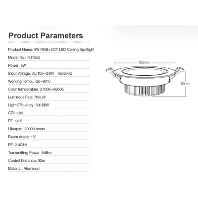 Oprawa LED Downlight 9W 15° RGB+CCT 230V FUT062