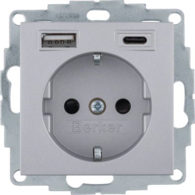 B.x Gniazdo SCHUKO z ładowarką USB AC 20W PD; samozaciski; alu mat