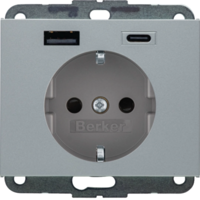 K.5 Gniazdo SCHUKO z ładowarką USB AC 20W PD; samozaciski; aluminium mat