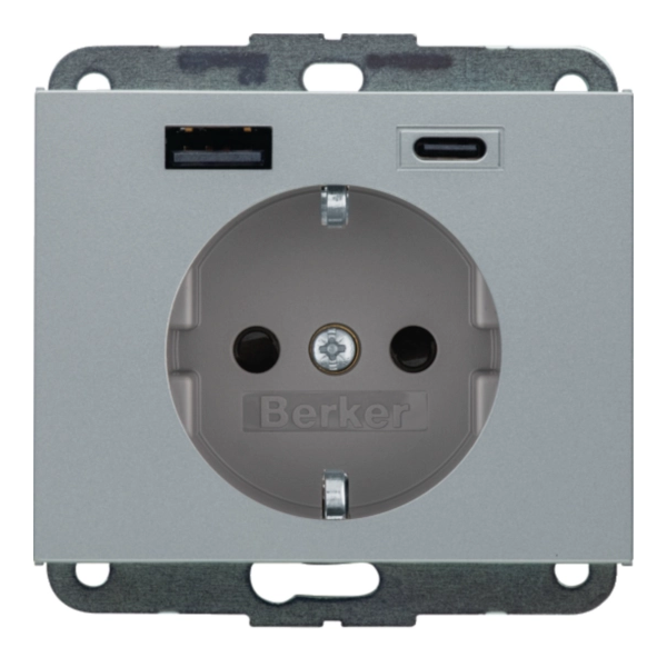 K.5 Gniazdo SCHUKO z ładowarką USB AC 20W PD; samozaciski; aluminium mat