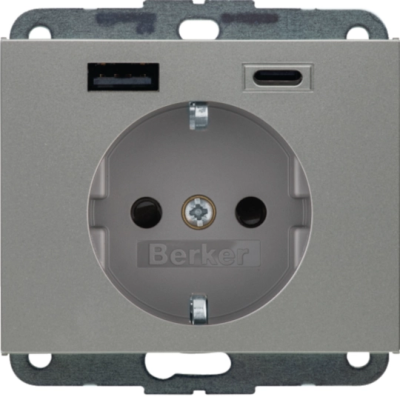 K.5 Gniazdo SCHUKO z ładowarką USB AC 20W PD; samozaciski; stal szlachetna